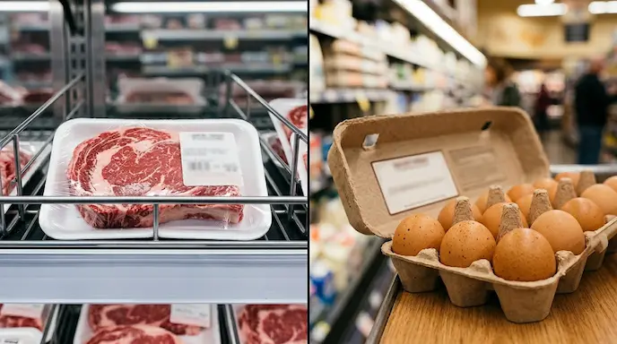 Beef cuts and a carton of eggs on a grocery store shelf