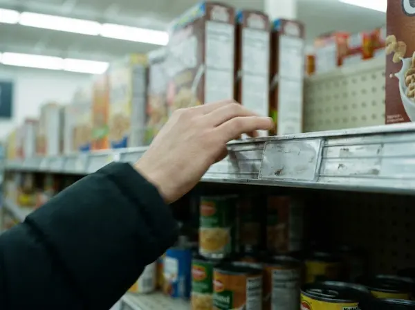 Shopper comparing unit prices on a grocery store shelf