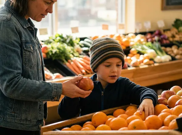 Parent and child selecting produce for a family of three