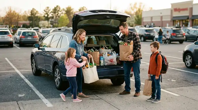 Family of four unloading grocery bags from the car trunk