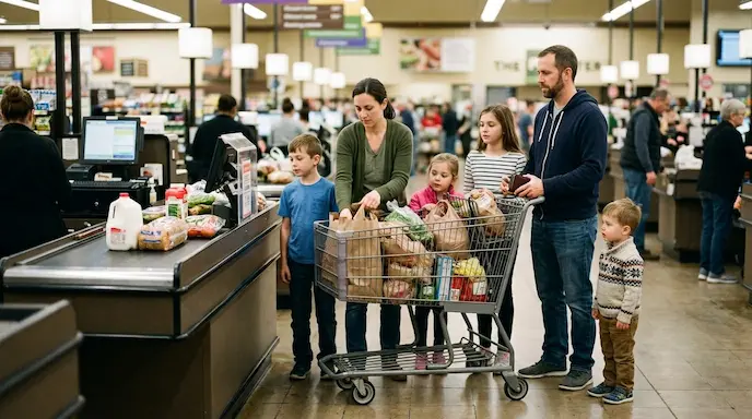 Large family with a full cart at the grocery store checkout