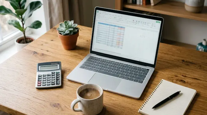 Laptop, calculator, and notepad for tracking grocery spending