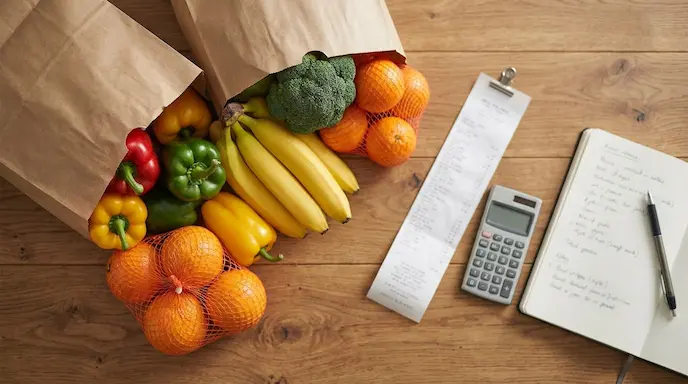 Grocery budget planning flat lay with receipt, calculator, and fresh produce