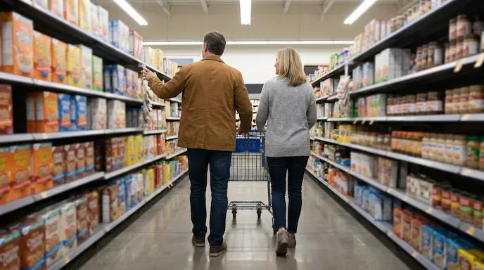 Couple grocery shopping together and comparing an item