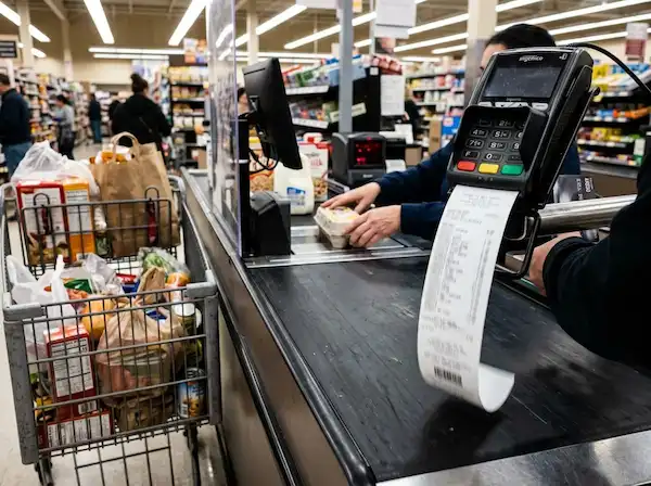 Full grocery cart at checkout with a receipt printing