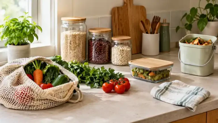 Zero-waste kitchen with reusable produce bags, glass storage jars, fresh vegetables, a compost bin, and reusable kitchen essentials on a sunlit countertop.