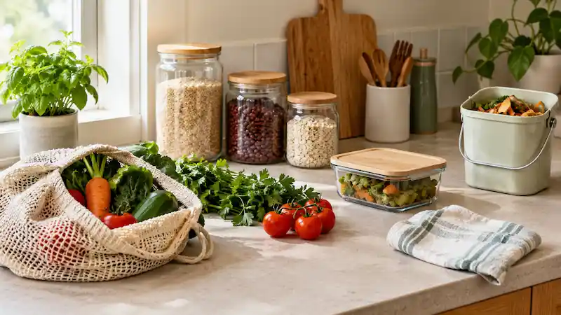 Zero-waste kitchen with reusable produce bags, glass storage jars, fresh vegetables, a compost bin, and reusable kitchen essentials on a sunlit countertop.