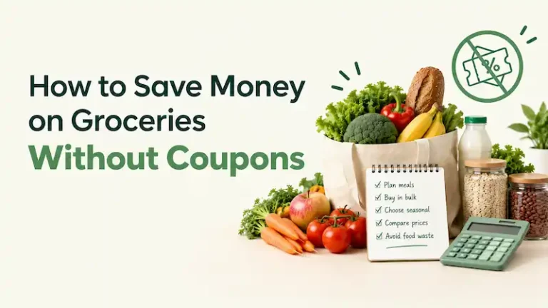 How to save money on groceries without coupons using meal planning, bulk buying, seasonal produce, price comparison, and avoiding food waste.