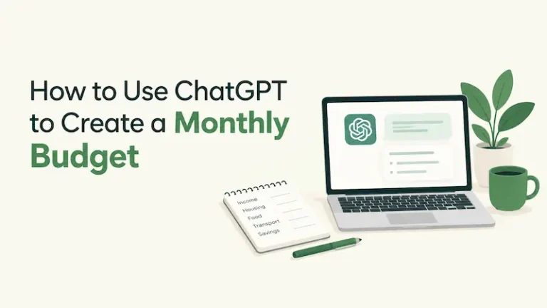 How to Use ChatGPT to Create a Monthly Budget, featuring a laptop, budget notebook, and green financial planning elements.