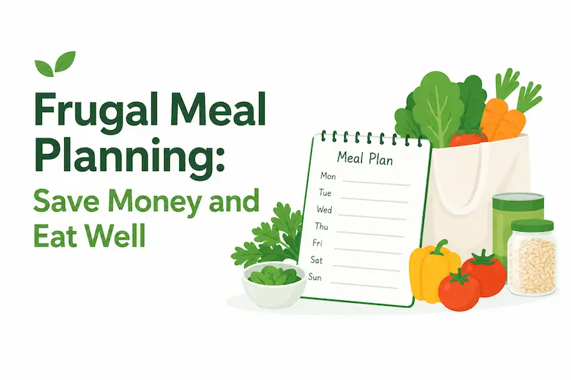 Frugal meal planning with a weekly meal plan, grocery bag, fresh vegetables, and pantry staples on a white and green background.