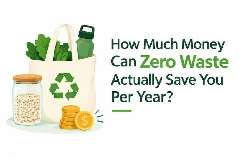 Minimalist green zero-waste illustration with reusable shopping bag, grains, water bottle, recycling symbol, and coins beside the title “How Much Money Can Zero Waste Actually Save You Per Year?