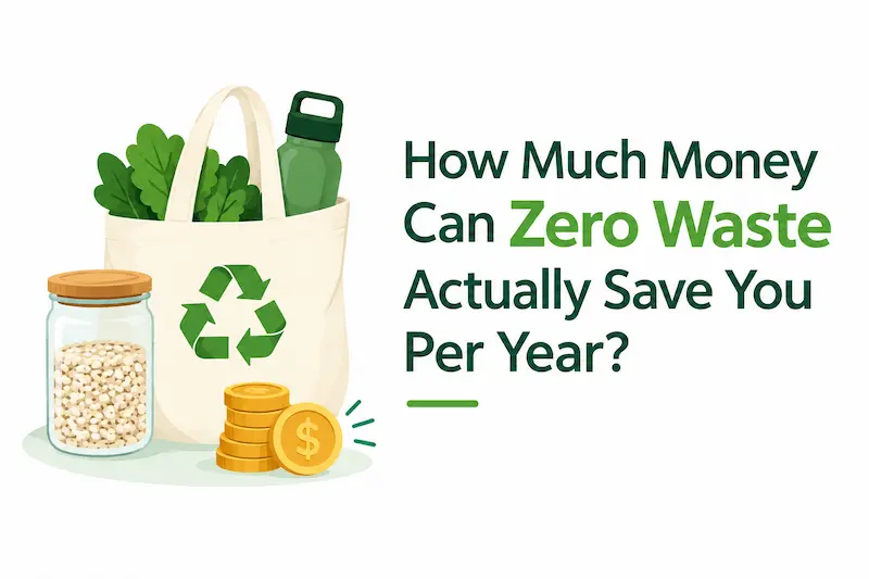 Minimalist green zero-waste illustration with reusable shopping bag, grains, water bottle, recycling symbol, and coins beside the title “How Much Money Can Zero Waste Actually Save You Per Year?