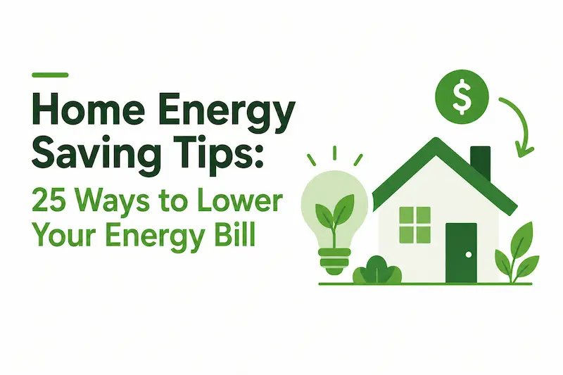 Home energy saving tips: green house, light bulb, and dollar savings illustration on a white background.