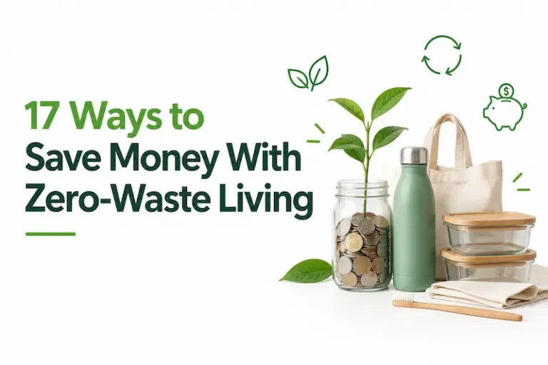17 Ways to Save Money With Zero-Waste Living, featuring reusable household items, a money jar, and green eco-friendly elements.