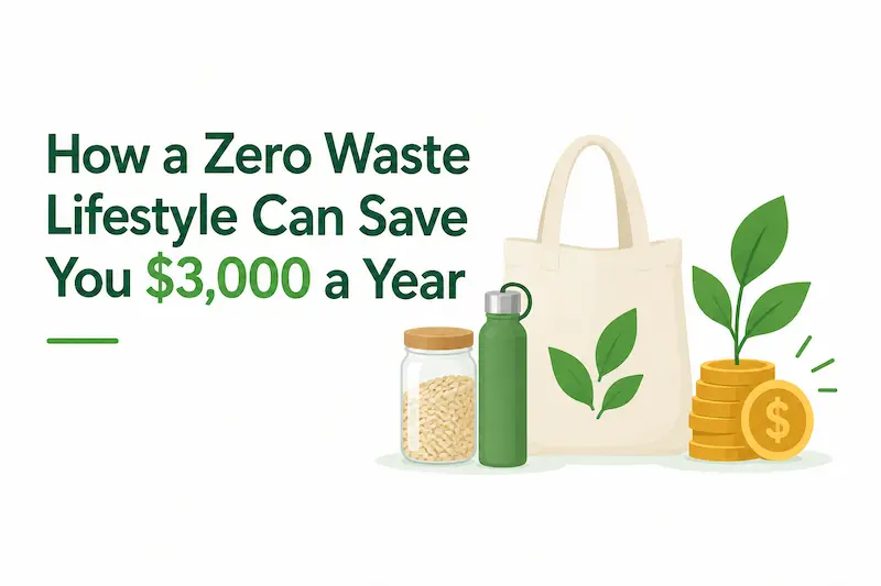 How a zero waste lifestyle can save you $3,000 a year, illustrated with reusable products, plants, and savings.