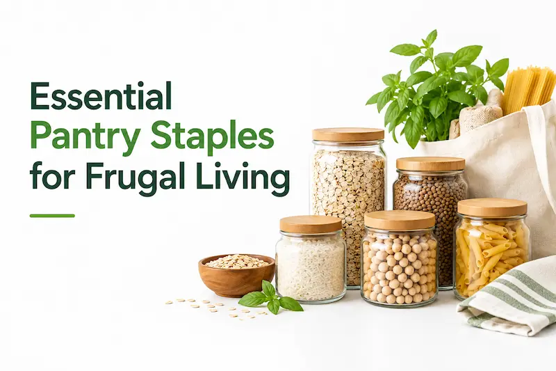 Essential pantry staples for frugal living, featuring jars of rice, oats, legumes, pasta, and other budget-friendly pantry foods.