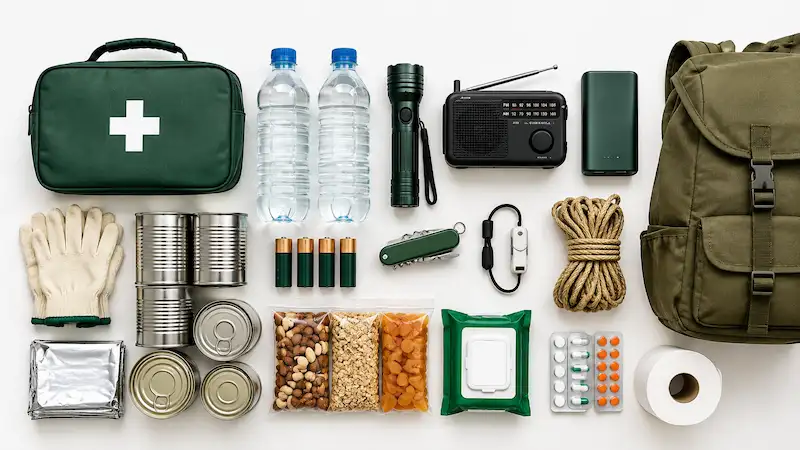 Power outage preparedness supplies including a first aid kit, bottled water, flashlight, emergency radio, power bank, batteries, canned food, and other essential items.