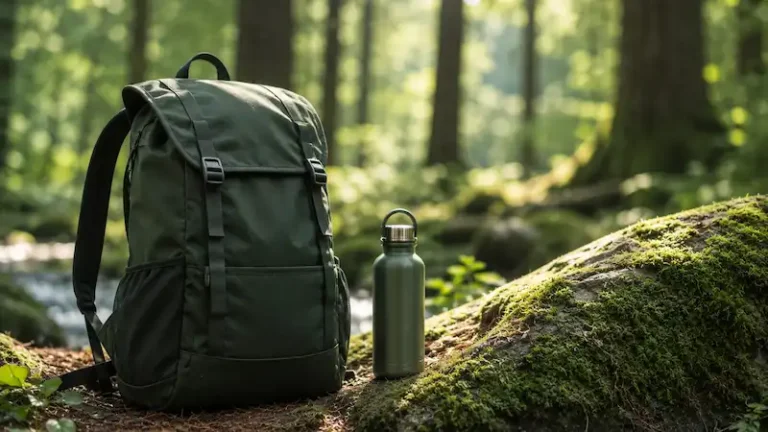 Dark green hiking backpack and reusable stainless steel water bottle resting on a moss-covered rock in a forest.