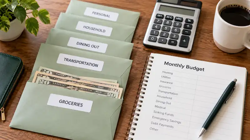 Cash envelopes labeled for personal, household, dining out, transportation, and groceries beside cash, a calculator, and a monthly budget notebook on a wooden desk.