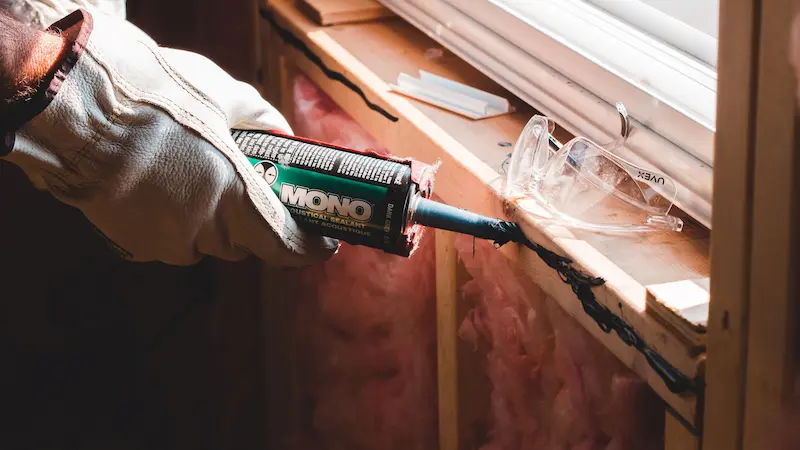 Close-up of a worker applying sealant to a window frame in a renovation project.