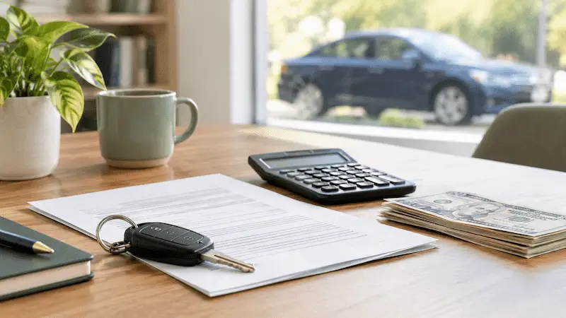 Car keys, insurance documents, a calculator, and cash on a desk with a car in the background