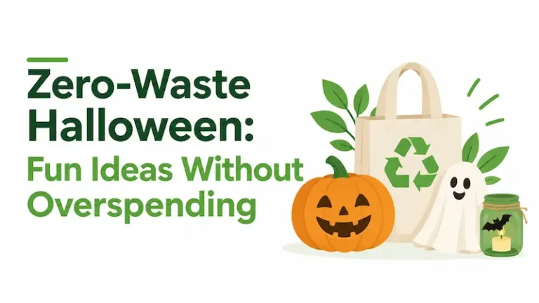 Zero-waste Halloween ideas featuring a pumpkin, reusable tote bag, friendly ghost, and DIY candle jar on a white background.