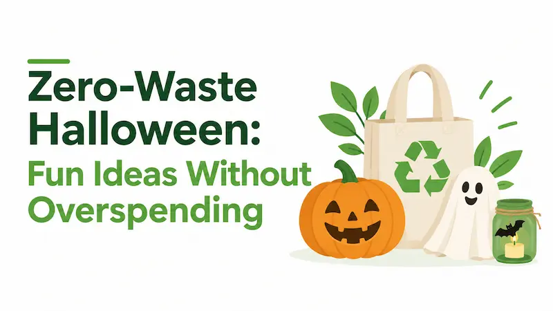 Zero-waste Halloween ideas featuring a pumpkin, reusable tote bag, friendly ghost, and DIY candle jar on a white background.