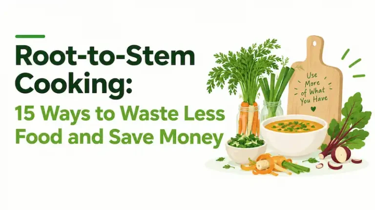 Root-to-stem cooking with fresh vegetables, leafy greens, vegetable scraps, soup, and a cutting board on a white background.