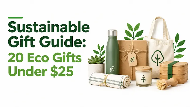 Sustainable gift guide featuring eco-friendly gifts under $25, including a reusable bottle, tote bag, plant, candle, bamboo containers, cloth towels, and wooden brush.