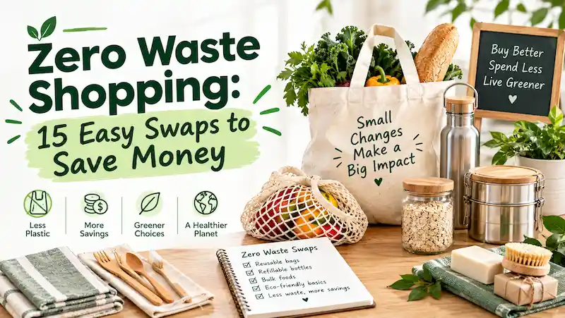 Zero-waste shopping essentials, including reusable tote and produce bags, stainless-steel bottles, food containers, glass jars, bamboo utensils, and eco-friendly cleaning products, with green accents on a white background.