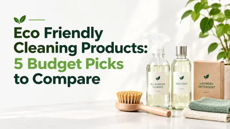 Eco friendly cleaning products on a white background, featuring glass spray bottles, dish soap, kraft laundry detergent packaging, a wooden scrub brush, folded reusable cloths, and green plant accents.