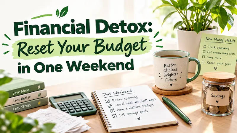 Financial detox and weekend budget reset featuring a savings jar, calculator, spending checklist, receipts, and green financial planning theme.