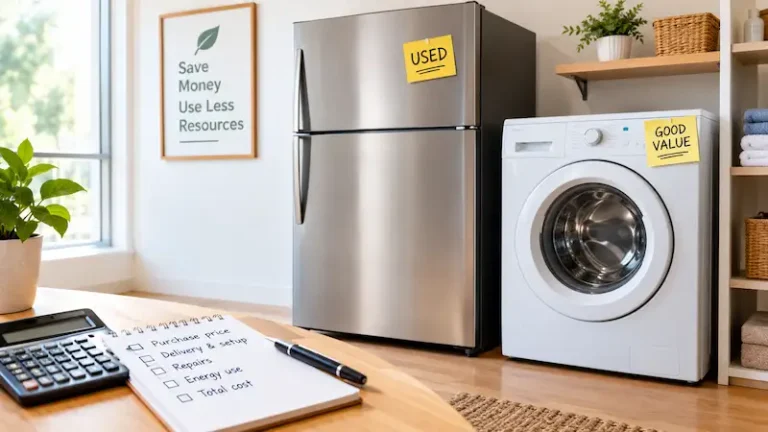 Used stainless steel refrigerator and white front-loading washing machine labeled as good value, with a calculator and checklist comparing purchase price, delivery, repairs, energy use, and total cost on a wooden countertop.