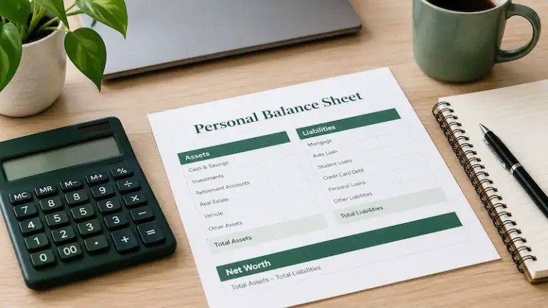 Personal balance sheet worksheet with assets, liabilities, a calculator, and financial planning supplies on a desk.